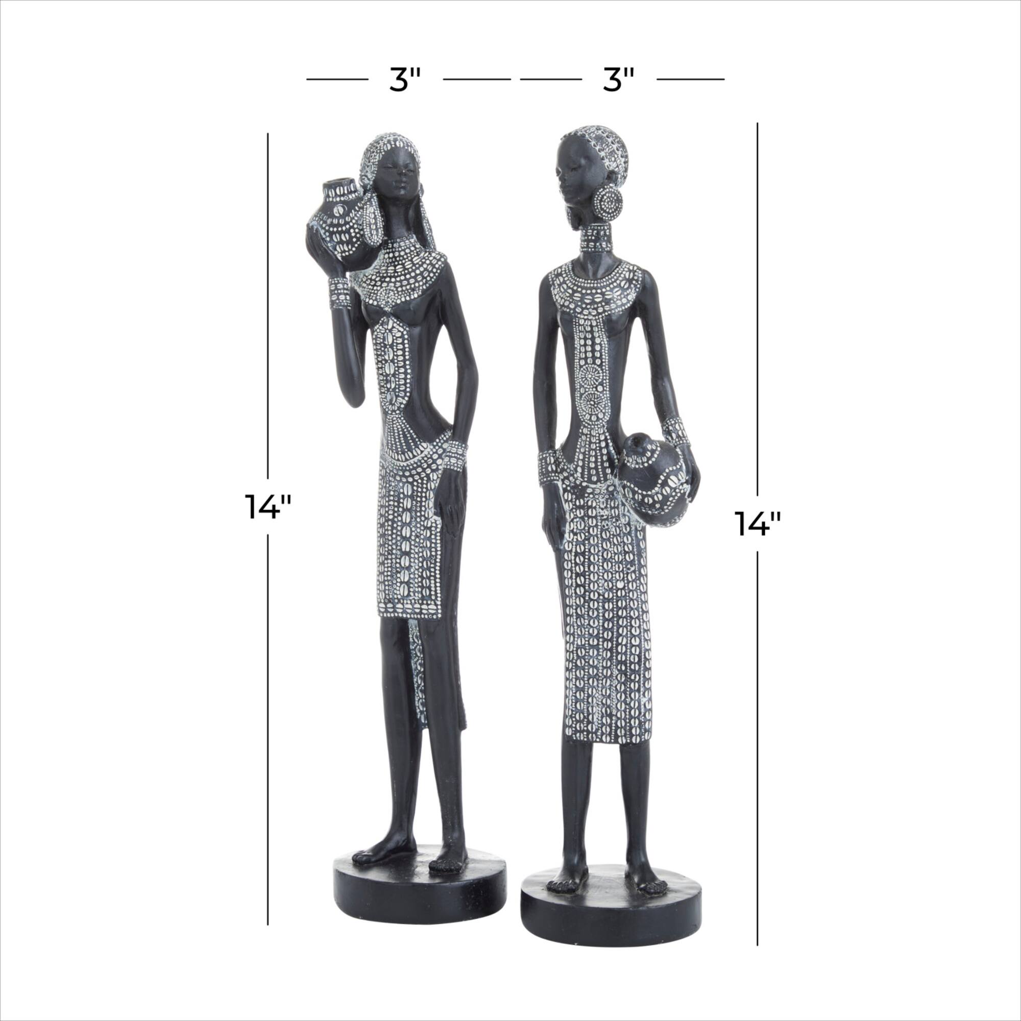 Set of 2 Black Polystone Eclectic Sculptures, 14" x 4" x 3"